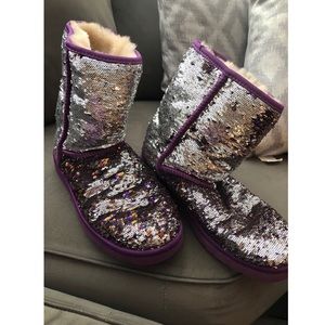 Women's purple sparkly UGG boots, size 10